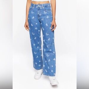 Forever 21 + Blue Printed wide leg streetwear novelty Jeans